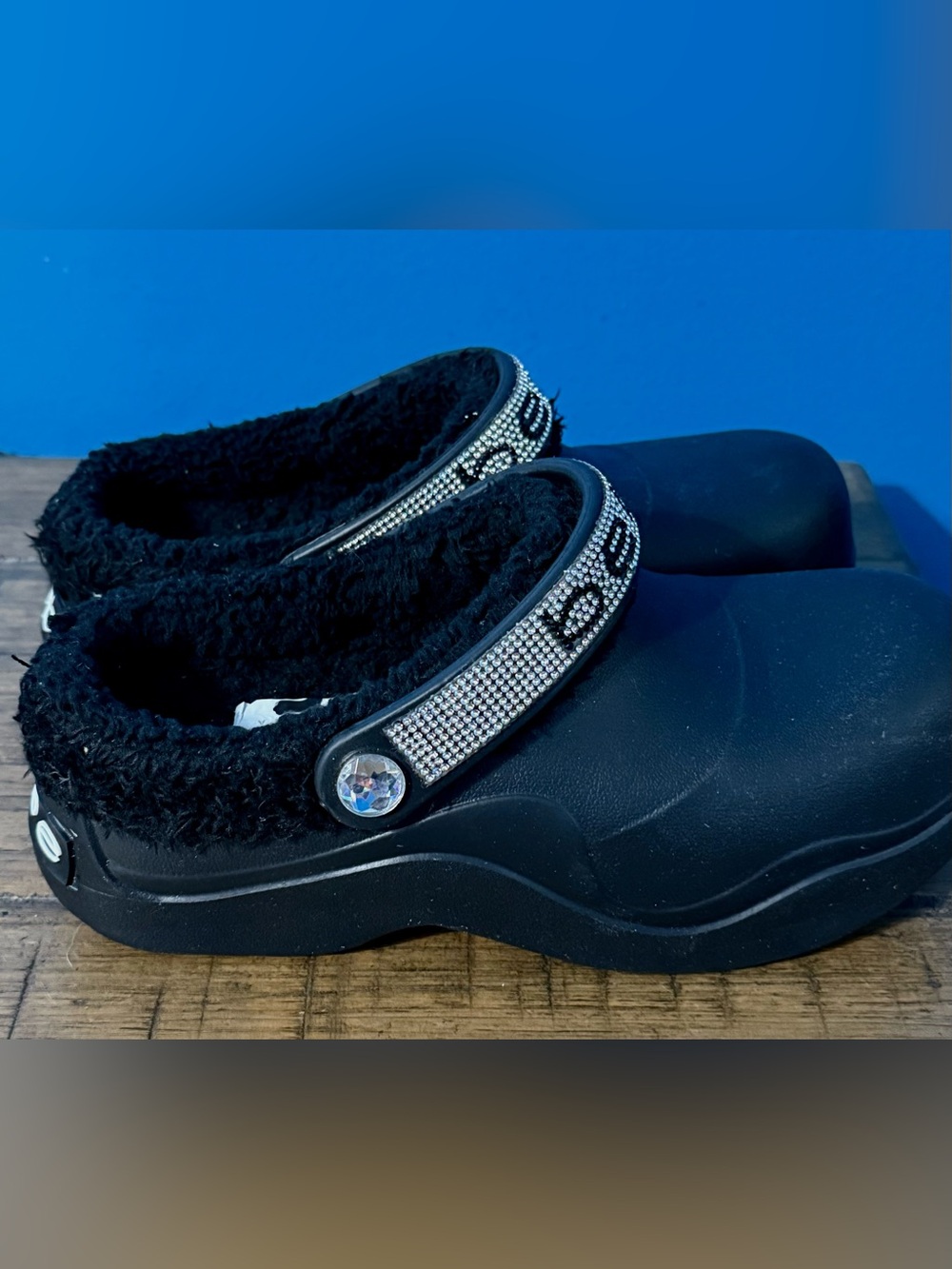 bebe Black Faux-Fur Lined Sparkle Strap Slip-Ons - Picture 3 of 7